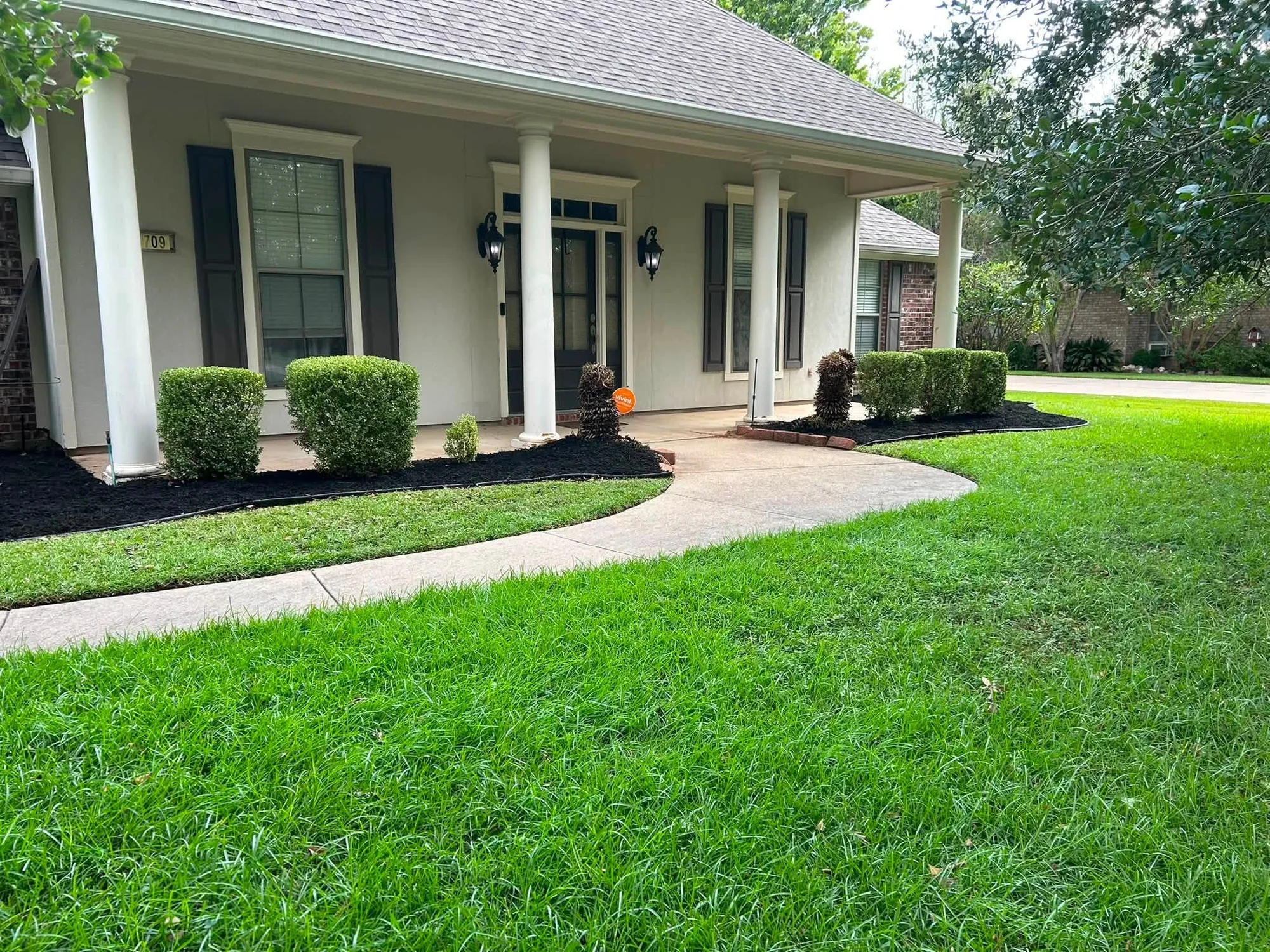 Healthy finished lawn and freshly mulched landscape beds